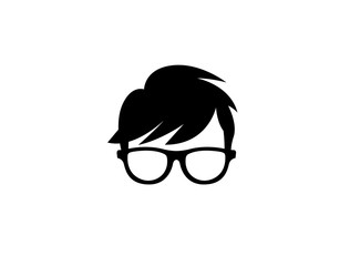 Geek Head with hairstyle wearing glasses Logo Design - obrazy, fototapety, plakaty