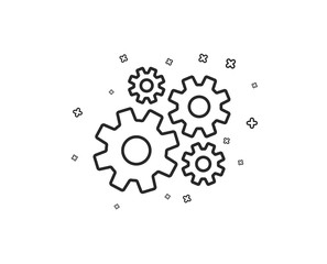 Cogwheel line icon. Engineering tool sign. Cog gear symbol. Geometric shapes. Random cross elements. Linear Cogwheel icon design. Vector