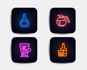 Neon set of Mint leaves, Cognac bottle and Coffeepot icons. Whiskey glass sign. Mentha leaf, Brandy alcohol, Brewed coffee. Scotch drink. Neon icons. Glowing light banners. Vector
