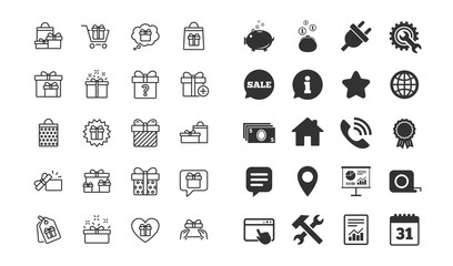 Gifts line icons. Set of Present box, Offer and Sale signs. Shopping cart, Tags and Chat symbols. Speech bubble, Give a gift and Question mark. Information, calendar and call phone icons. Vector