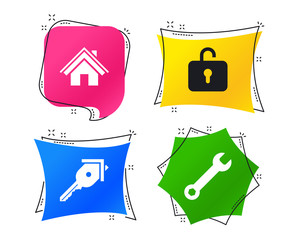 Home key icon. Wrench service tool symbol. Locker sign. Main page web navigation. Geometric colorful tags. Banners with flat icons. Trendy design. Vector