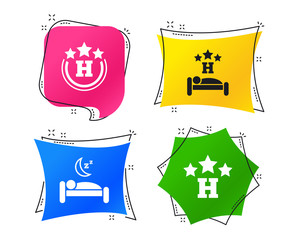 Three stars hotel icons. Travel rest place symbols. Human sleep in bed sign. Geometric colorful tags. Banners with flat icons. Trendy design. Vector