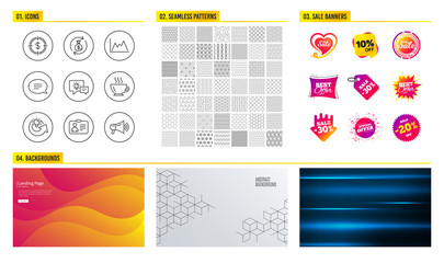 Seamless pattern. Shopping mall banners. Set of Share idea, Chat and Money exchange icons. Idea lamp, Diagram and Coffee signs. Dollar target, Id card and Megaphone symbols. Vector