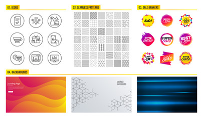 Seamless pattern. Shopping mall banners. Set of Surprise boxes, Finance and Correct answer icons. Survey results, Mocha and Approved checklist signs. Vector