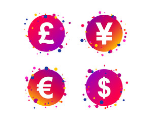 Dollar, Euro, Pound and Yen currency icons. USD, EUR, GBP and JPY money sign symbols. Gradient circle buttons with icons. Random dots design. Vector