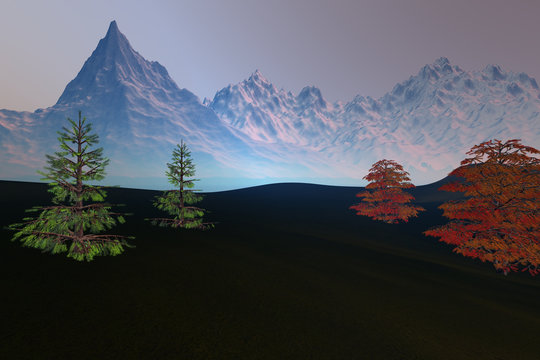 Snowy mountain, an autumn landscape, beautiful trees, grass on the ground and a hazy sky.
