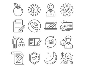 Set of Article, Copyrighter and Feather icons. Algorithm, Feedback and Check investment signs. Sales diagram, Update data and Service symbols. Feedback, Writer person, Copyright page. Vector