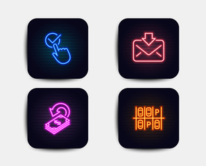 Neon glow lights. Set of Cashback, Incoming mail and Checkbox icons. Parking place sign. Financial transfer, Download message, Approved. Transport.  Neon icons. Glowing light banners. Vector
