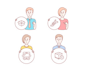 People hand drawn style. Set of Bus, Escalator and Opened box icons. Delivery timer sign. Tourism transport, Elevator, Shipping parcel. Express logistics.  Character hold circle button. Vector