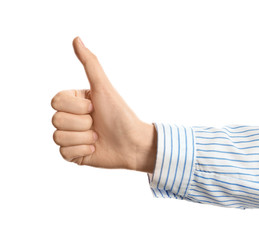 Young woman showing thumb sign on white background