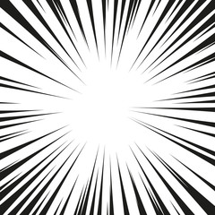 Many black comic radial speed Lines on white base. Effect power explosion illustration. Comic book design element. Graphic Explosion with Speed Lines in comic book style. Vector Illustration