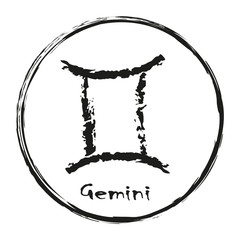 Zodiac sign Gemini isolated on white background. Brush hand drawn. Circle Gemini zodiac sign, hand painted round horoscope symbol vector. Design element for flyers or greeting cards.
