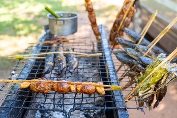 grilled frog and grilled catfish local food at Cambodia