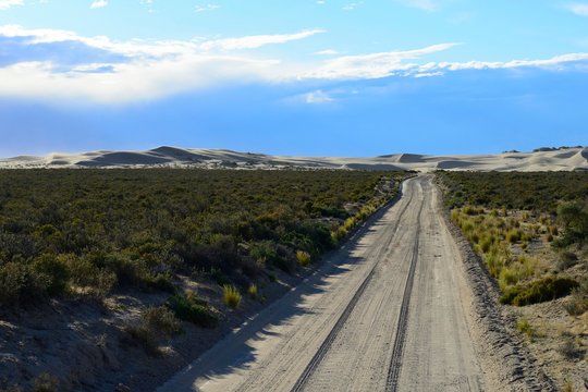 Sandtrack to the sand dunes and Punta Pardeles, Peninsula Valdes, Province of Chubut, Patagonia, Argentina, South America