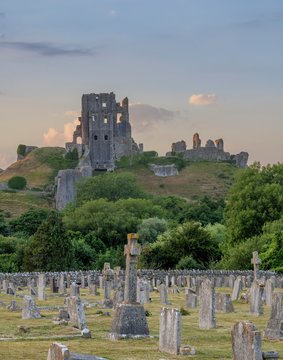 Castle ruin and cemetery, Corfe Castle, England, Great Britain