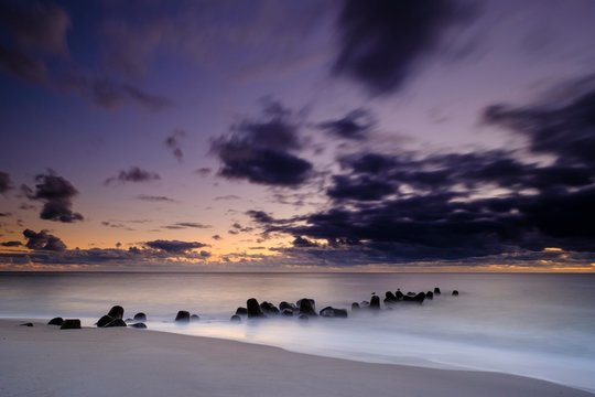 Concrete blocks as coastal protection on the beach of Hornum in the evening light, Sylt, Nordfriesland, Schleswig-Holstein, Germany, Europe