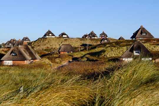Typical Frisian houses with thatched roofs in the dunes of Hornum, Sylt, Nordfriesland, Schleswig-Holstein, Germany, Europe