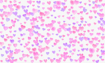 Heart shapes watercolor background. Romantic Confetti splash. Background with Heart Confetti. Falling red and pink paper hearts. Greeting wedding card. February 14. illustration.

