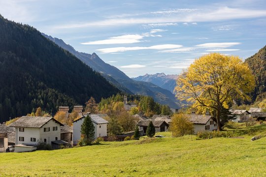 San Pietro Church on the hilltop La Mota, Bergell, Grisons, Switzerland, Europe