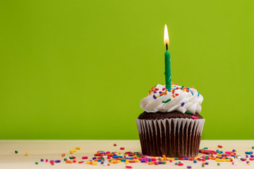 Chocolate Cupcake with candle and sprinkles on a green background, with room for text 