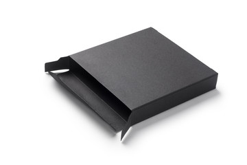 Opened black paper box on white background