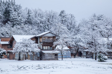 Shirakawa-go village in winter including traditional House Gassho style and one of UNESCO world heritage sites, Gifu, Japan