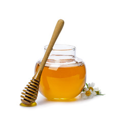 Honey bee in jar with honey dipper and flower isolate on white background, bee products by organic natural ingredients concept