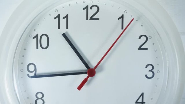 Close up White clock face 4k stock footage, with numbers and a ticking arrow.