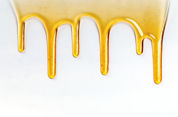 Dripping golden sweet honey flowing down the frame from the top over white with copyspace and text