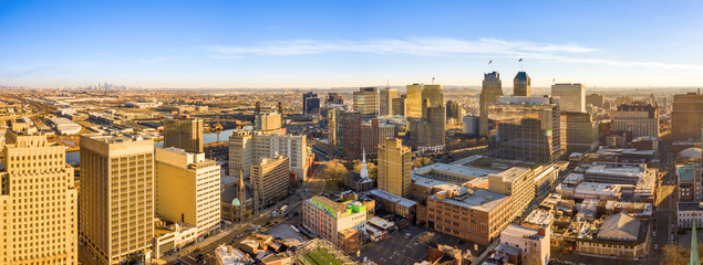 Aerial panorama of Newark New Jersey skyline on late sunny afternoon