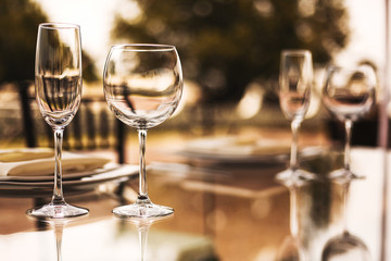 wine glasses and table setup, wedding guest table, reception layout