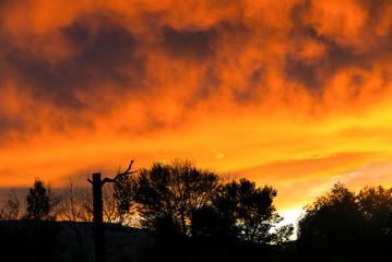 Dramatic sunset with a vibrant orange sky.