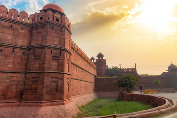 Red Fort Delhi India exterior architectural structure at sunrise.