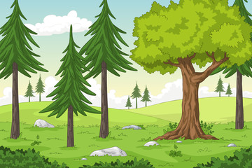 Fototapeta na wymiar Cartoon summer landscape with trees, hand draw illustration