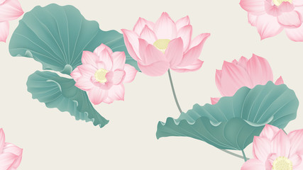 Botanical seamless pattern, pink lotus flowers and leaves on light brown background, pastel vintage theme