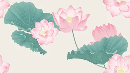 Poster Im Rahmen Botanical seamless pattern, pink lotus flowers and leaves on light brown background, pastel vintage theme © momosama