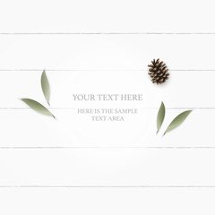 Flat lay top view elegant white composition paper botanic garden plant leaf flower pine cone on wooden background