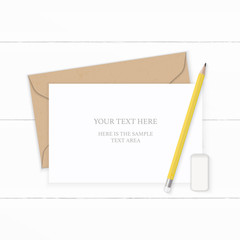 Flat lay top view elegant white composition letter kraft paper envelope yellow pencil and eraser on wooden background