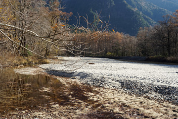 Beautiful crystal clear water river landscape with mountain background in Japan Alps Kamikochi
