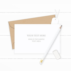 Flat lay top view elegant white composition letter kraft paper envelope pencil eraser and tag on wooden background