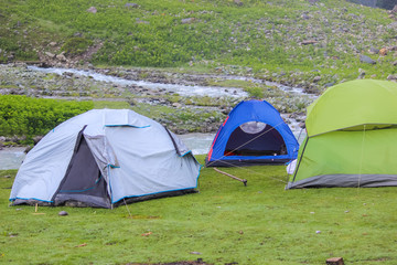 Tents erected at camping site in a hiking destination in Sonmarg, Kashmir