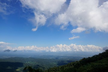 Beautiful landscape on mountain with sky and cloud, peace and relaxation, Beautiful nature to make our mind calm, Mist and green mountains in the background, copy space, Doi Chiang Dao at Thailand
