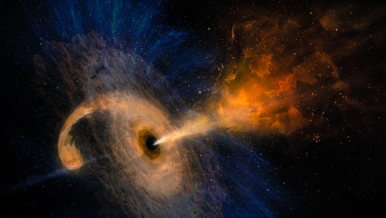Abstract space wallpaper. Black hole with nebula over colorful stars and cloud fields in outer...