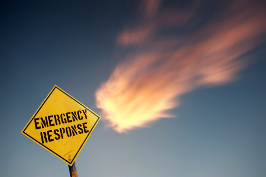 A fireball zooming towards a signpost: Emergency Response.