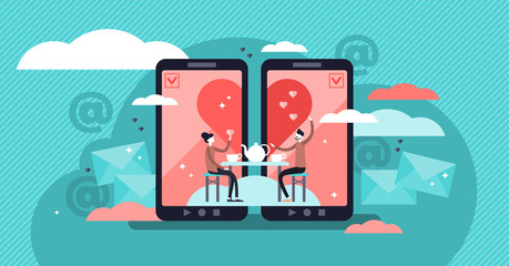 Online dating vector illustration. Tiny persons concept couple relationship - obrazy, fototapety, plakaty