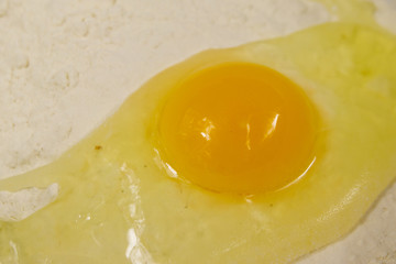 Broken egg on flour close-up