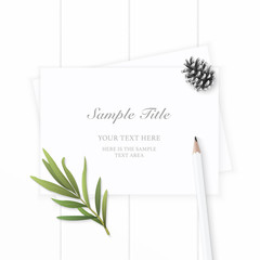 Flat lay top view elegant white composition paper pine cone tag tarragon leaf and pencil on wooden background