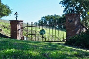 Closed iron gate on country road