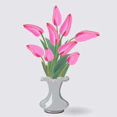 a bouquet of nine pink tulips in a small white vase
