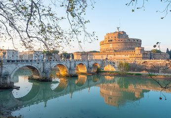 Rome (Italy) - The Tiber river and the monumental Lungotevere at sunset. Here in particular the Castel Sant'Angelo monument